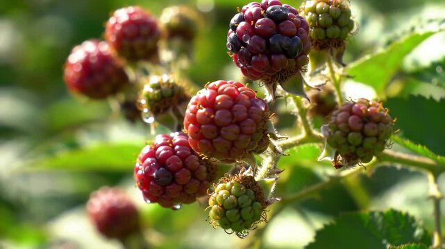 Close-up of ripe and unripe wild blackberries on a bramble stem