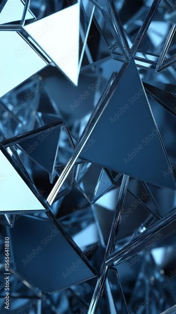 Poster abstract geometric composition with dynamic arrangement of triangular shapes in varying shades of bl