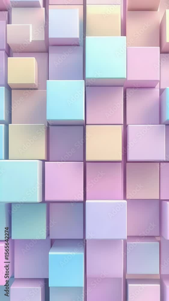 Poster abstract vertical arrangement of pastel colored geometric cubes creating a pattern with soft shadows