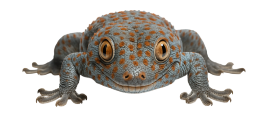 Tokay gecko with a robust body and bright orange spots on a bluish-gray background
