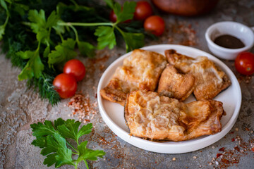 Pieces of fried fish on a beautiful plate on a gray table. A delicious lunch: fried fish on a white plate. Close-up