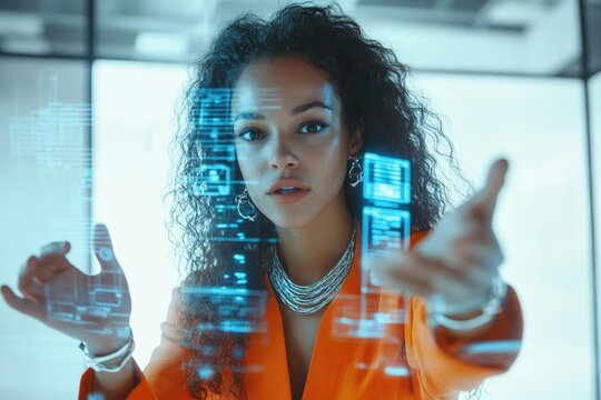 A woman interacts with a futuristic holographic interface, showcasing technological advancement and innovation. - Powered by Adobe