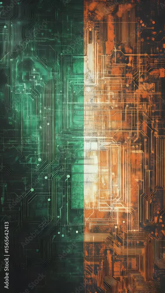 Poster abstract digital artwork split vertically with emerald green and orange textured patterns showing li