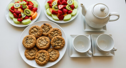 Fruit, Cookies, Tea Set on White Table (Photo)