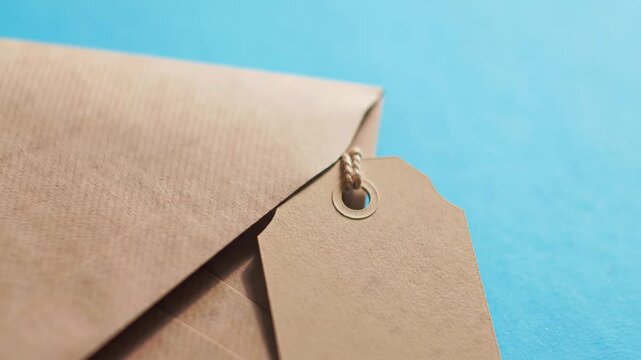 Brown envelope with a tag on a blue background in the studio
