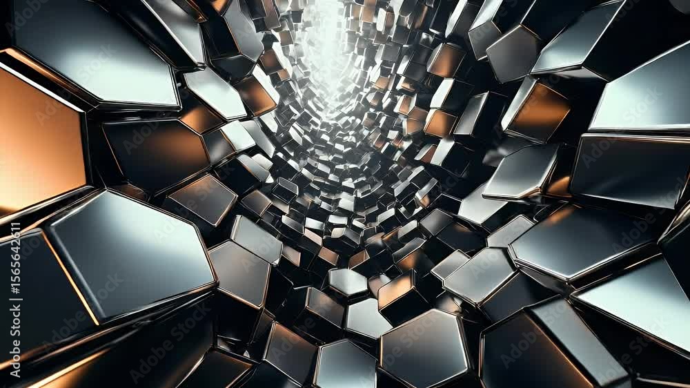 Poster abstract tunnel of metallic fragmented geometric shapes creating a sense of depth and movement. warm