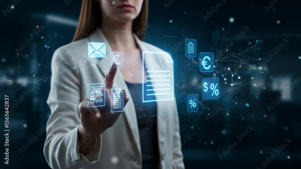 Poster data-driven woman optimizing documents and financial metrics with digital interface for strategic bu