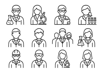 Science icons: scientists with lab equipment and test tubes