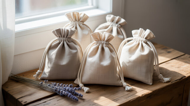 Sustainable canvas drawstring bags and dried lavender on a rustic wooden surface by a sunny window.
