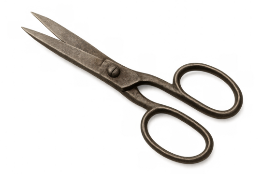 Close-up of vintage, slightly rusted scissors, isolated on a transparent background, ready for graphic design projects