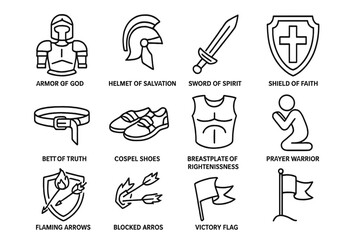 Christian armor symbols: faith, salvation, spirit, truth, righteousness