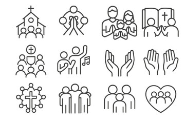 Church community symbols with family, worship, and prayer icons