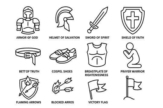 Christian armor symbols: faith, salvation, spirit, truth, righteousness