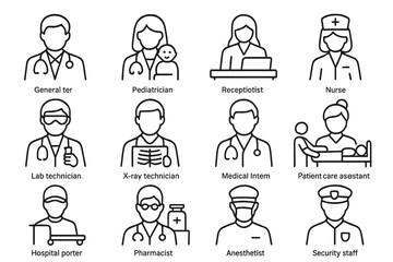 Medical staff illustrations: roles and uniforms in healthcare setting