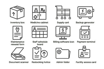 Industrial icon set featuring tools, technology, and facility access symbols