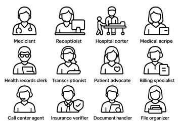Line icons representing various medical and administrative roles in healthcare