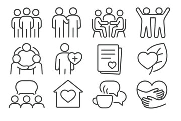 Simple line art illustrations of community and support concepts