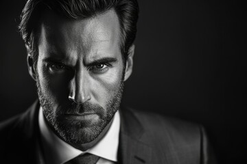Fototapeta premium A black and white portrait of a serious, intense man in a suit.