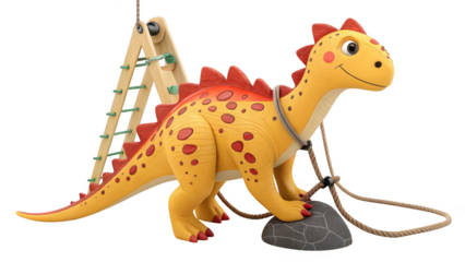 Cute cartoon dinosaur with a wooden ladder and rope isolated on transparent background