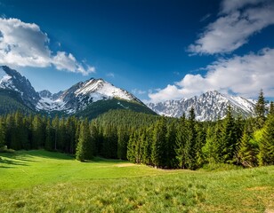 snow dusted tatra mountains rising above a dense pine forest with a grassy meadow and bright blue sky dotted with soft spring clouds © Emily