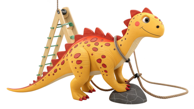 Cute cartoon dinosaur with a wooden ladder and rope isolated on transparent background