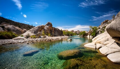 Obraz premium clear river flowing through rock formations under a blue sky