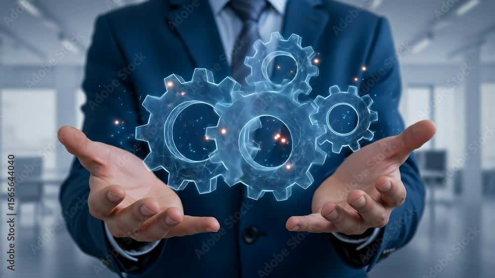 Poster technology innovation: a man in a suit presents glowing digital gears representing mechanical proces