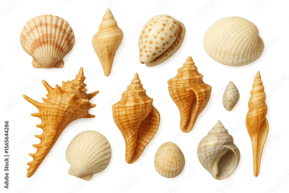 Poster twelve seashells of different sizes and shapes are displayed on a transparent background, showcasing