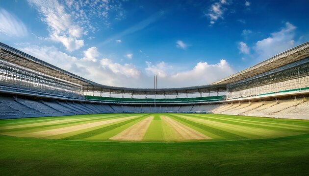 empty cricket stadium under a bright blue sky the pitch is visible with stands largely unoccupied a tranquil scene
