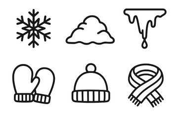 Cartoon icons in black and white for cold weather. Minimal, festive design.