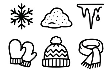 6 black and white winter icons. Cartoon vector for Christmas and seasonal themes.