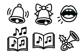 Cartoon icons in black and white for caroling. Minimal, festive design.