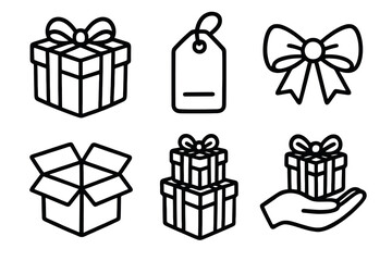 6 black and white gift icons. Cartoon vector for Christmas themes.