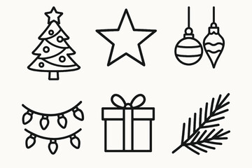 6 black and white Christmas tree icons. Cartoon vector for holiday decor.