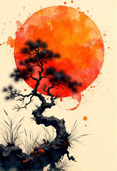 árbol, atardecer, naturaleza, paisaje, silueta, sol, vector, ilustración, cielo, halloween, anaranjada, amanecer, otoñal, negro, contraluz