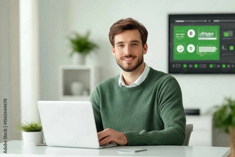 Poster a smiling man works on his laptop in a modern office setting, with a large screen displaying data in