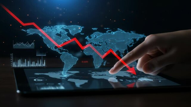 Global economic downturn visualized as hand interacting with a digital world map showing a sharp red decline arrow.