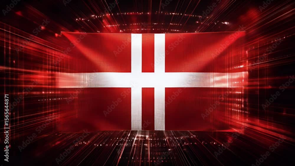 Poster animated flag with red background and white cross with digital light effect, representing the countr