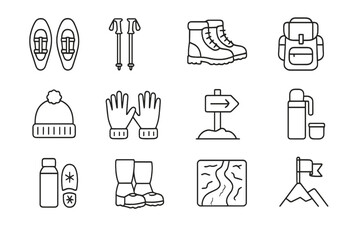 Winter hiking gear icons: boots, poles, backpack, thermos, map, hat, gloves