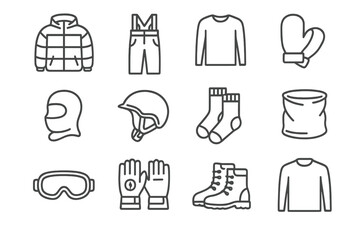 Winter sports gear icons: jacket, gloves, helmet, boots, goggles