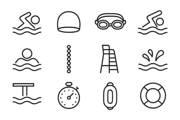 Fototapeta premium Icons of swimming: goggles, caps, lanes, and lifeguard essentials