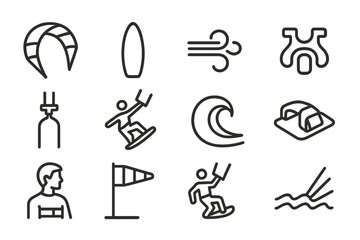 Icons of kitesurfing gear and activities on gray background