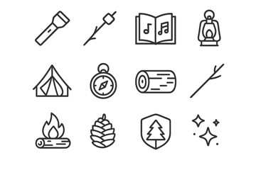 Fototapeta premium Camping symbols set: flashlight, tent, campfire, compass, lantern, pinecone