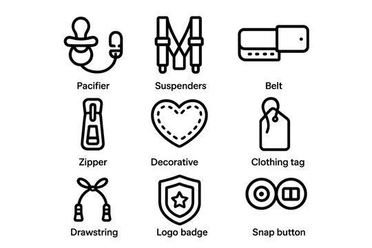 Set of black icons: pacifier, suspenders, belt, zipper, decorative heart