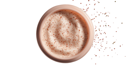 Textured exfoliating scrub with visible natural particles, top view, soft shadows, PNG