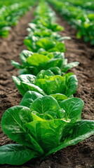 Green salad leaves on a bed in the ground. Bio vegetables, organic farming concept