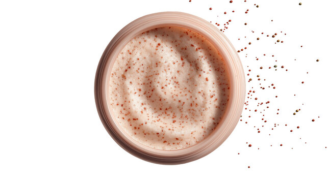 Textured exfoliating scrub with visible natural particles, top view, soft shadows, PNG