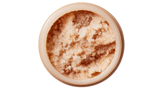 Textured exfoliating scrub with visible natural particles, top view, soft shadows, PNG