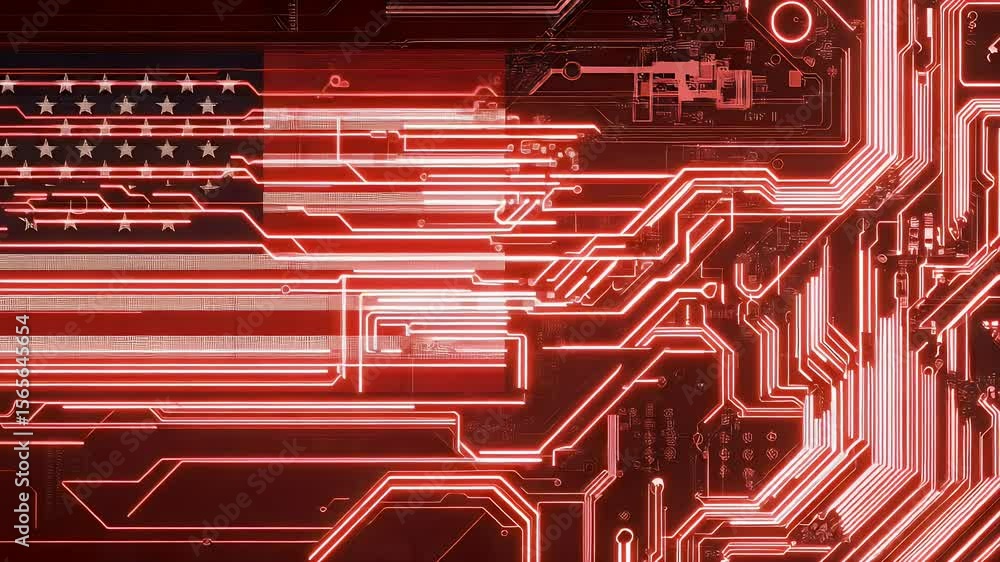 Poster abstract animation of the country flag intertwined with circuit board elements in shades of red repr