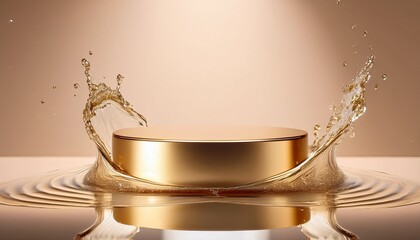 a sleek gold toned pedestal with dynamic water splashes and reflections against a warm beige background ideal for luxury skincare cosmetics and premium product displays